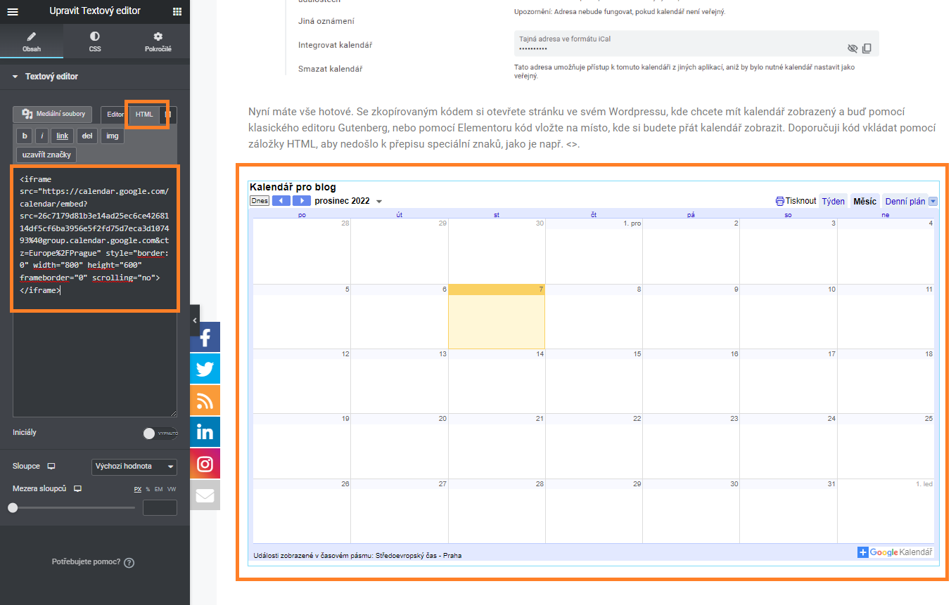 Jak vložit do WordPressu Google kalendář pomocí iframe