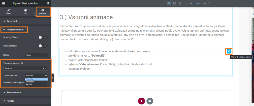 Vstupní animace Elementor